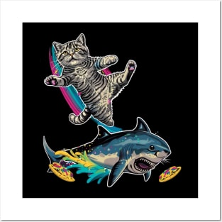 Cat Riding Shark Underwater Adventure Posters and Art